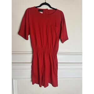 Vintage Medium Red Romper  Womens Jumper Short Sleeve W/ Pockets Buttons
